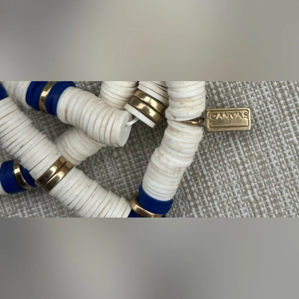NWOT Set of 3 Canvas White and Blue Stackable Beaded Bracelets with Gold Accents